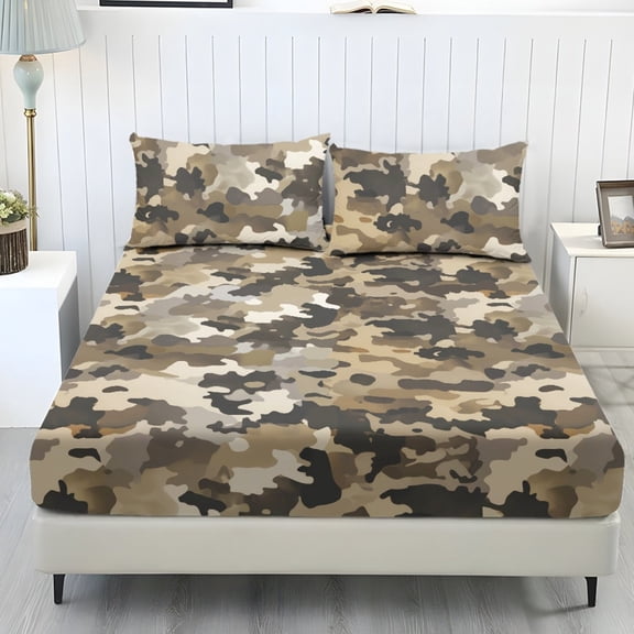 COEQINE Bed Sheets Set 3 Piece Twin XL Size Bedding Sheet Set, Comfy Easy Care Non-Slip Bedsheet & Pillowcases for Twin XL Size Bed for Women Men, Brown Camouflage
