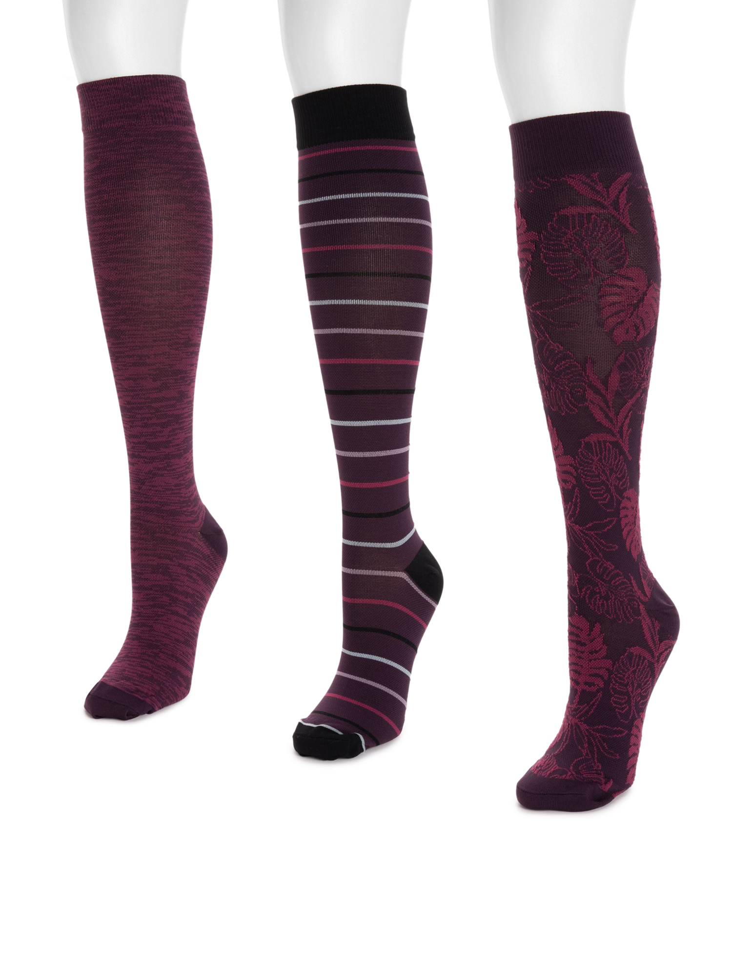 Muk Luks Women's Wide Width Nylon Knee-High Compression Socks, 3-Pack, Shoe Size 6-10
