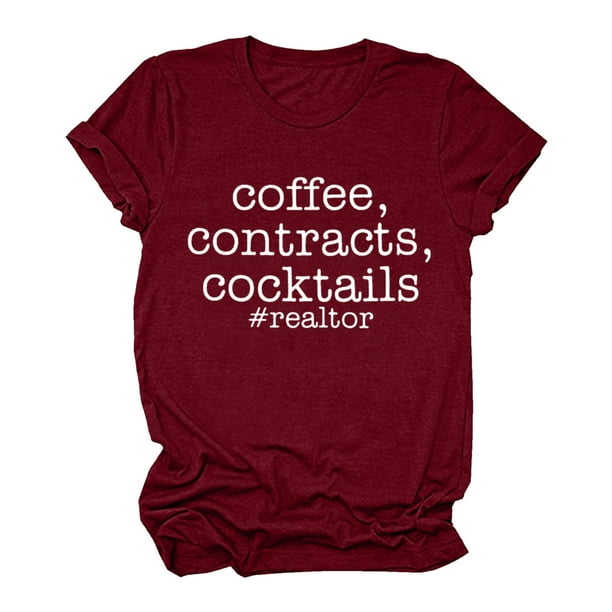 Gibobby Playera de Manga Corta con Cuello Redondo Camisas Tops redondos Camiseta Túnica Blusa manga impresión Casual Letras Cuello Blusa mujer(Vino,G)