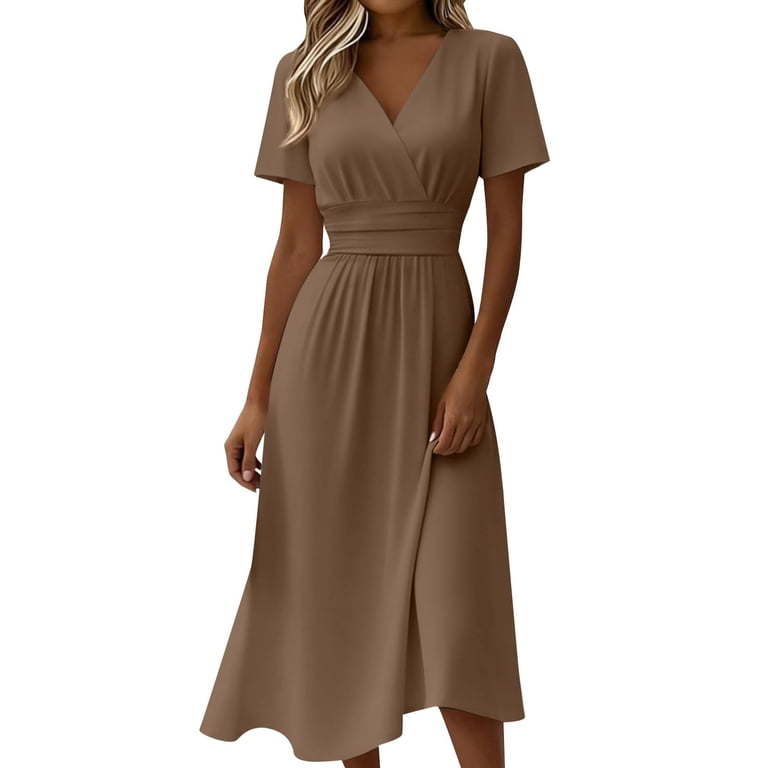 Hurxie Midi Dresses for Women Wedding Guest Elegant V Neck Short Sleeve  Wrap Dress Summer Party Vacation Dress with Pocket Brown,L - Walmart.com