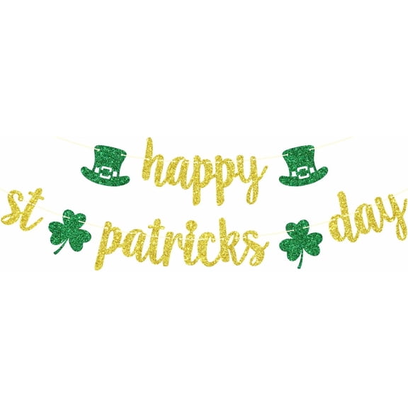 Happy St. Patrick's Day Banner, Shamrock Garland Decorations for St. Patrick's Day, Lucky One, St Patrick's Day Party Decorations, Gold and Green Glitter