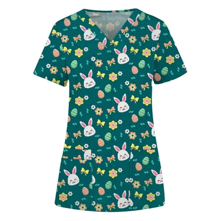 

Womens Easter T Shirts Teen Girls Easter Bunny Print Graphic Casual Short Sleeve Blouse Scrub Tops