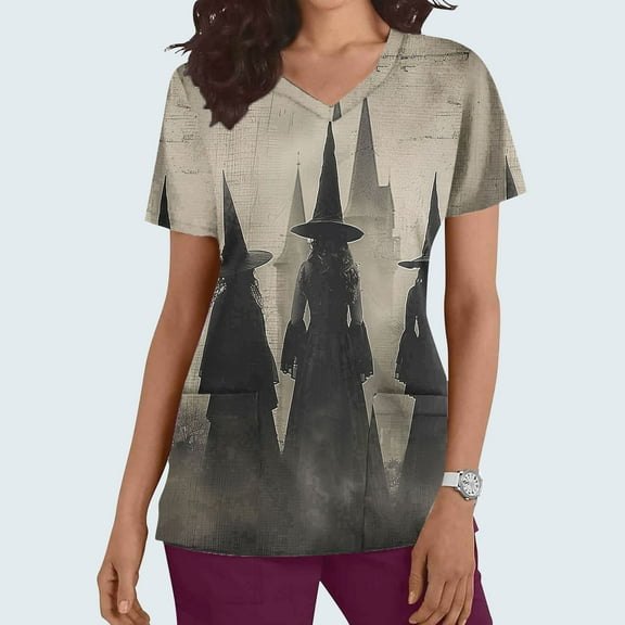 VKOYWKM Scrubs for Women Halloween Witch Print Nurse Uniforms V Neck Short Sleeve Tshirts Shirts with Pockets Working Scrub Tops