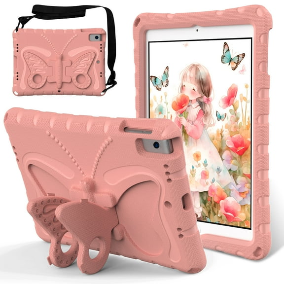 Allytechgroup iPad 9th 8th 7th Gen Case 10.2", Butterfly Design Kids Friendly Shockproof Kickstand EVA Shoulder Strap Bumper Lightweight Case for Apple iPad 10.2" 202021/2020/2019, Lightpink