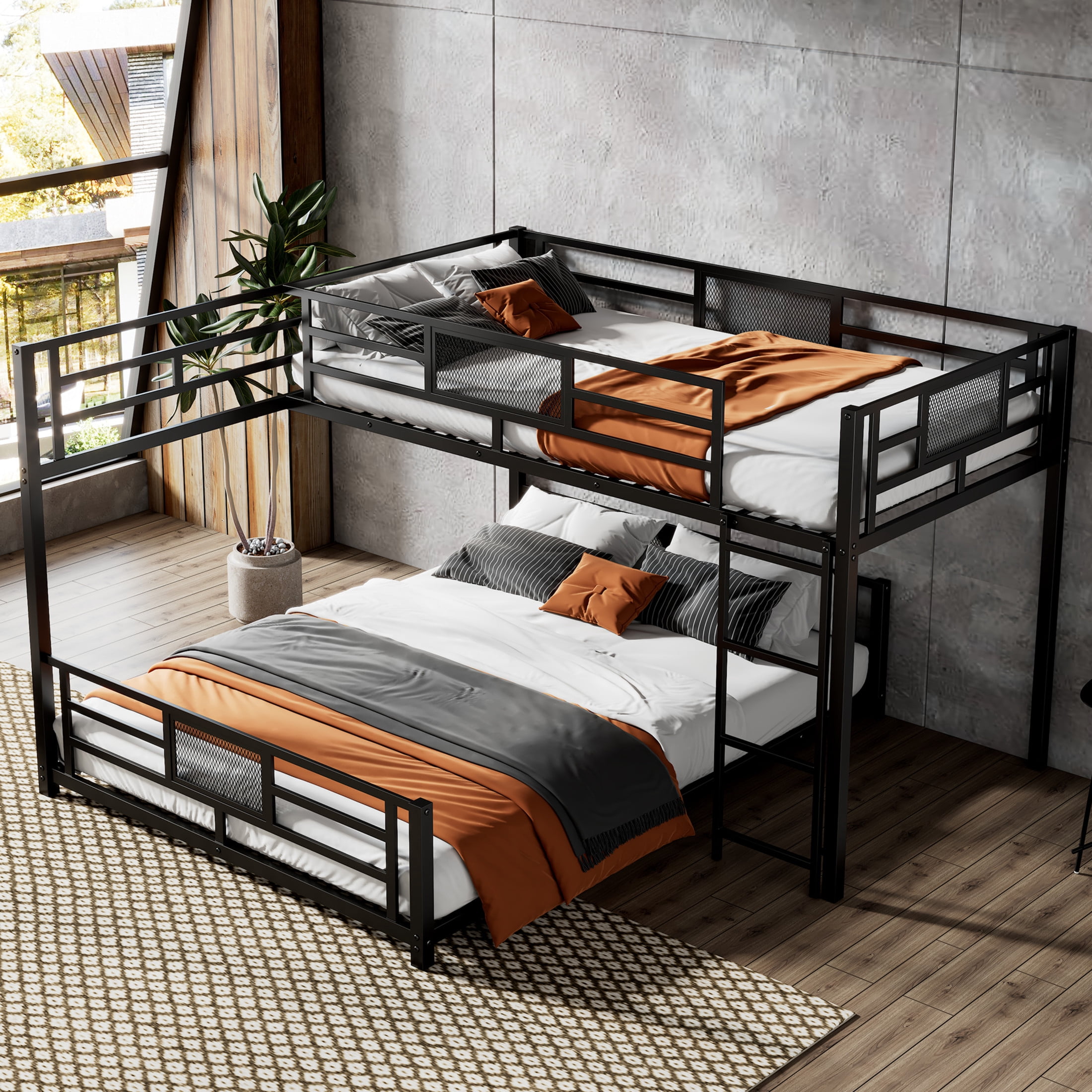 Noble House Twin over Full L-Shaped Bunk Bed, Space-Saving Metal Frame with Guardrails, Space Saving, Black