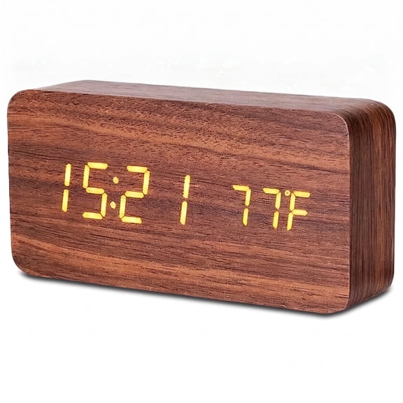 DAYBETTER Wooden Digital Alarm Clocks for Bedrooms, USB Port & Battery Powered, Loud Alarm Clock for Heavy Sleepers,Dimmer, 3 Alarms, Sound Control, Temperature, 12/24H, Brown