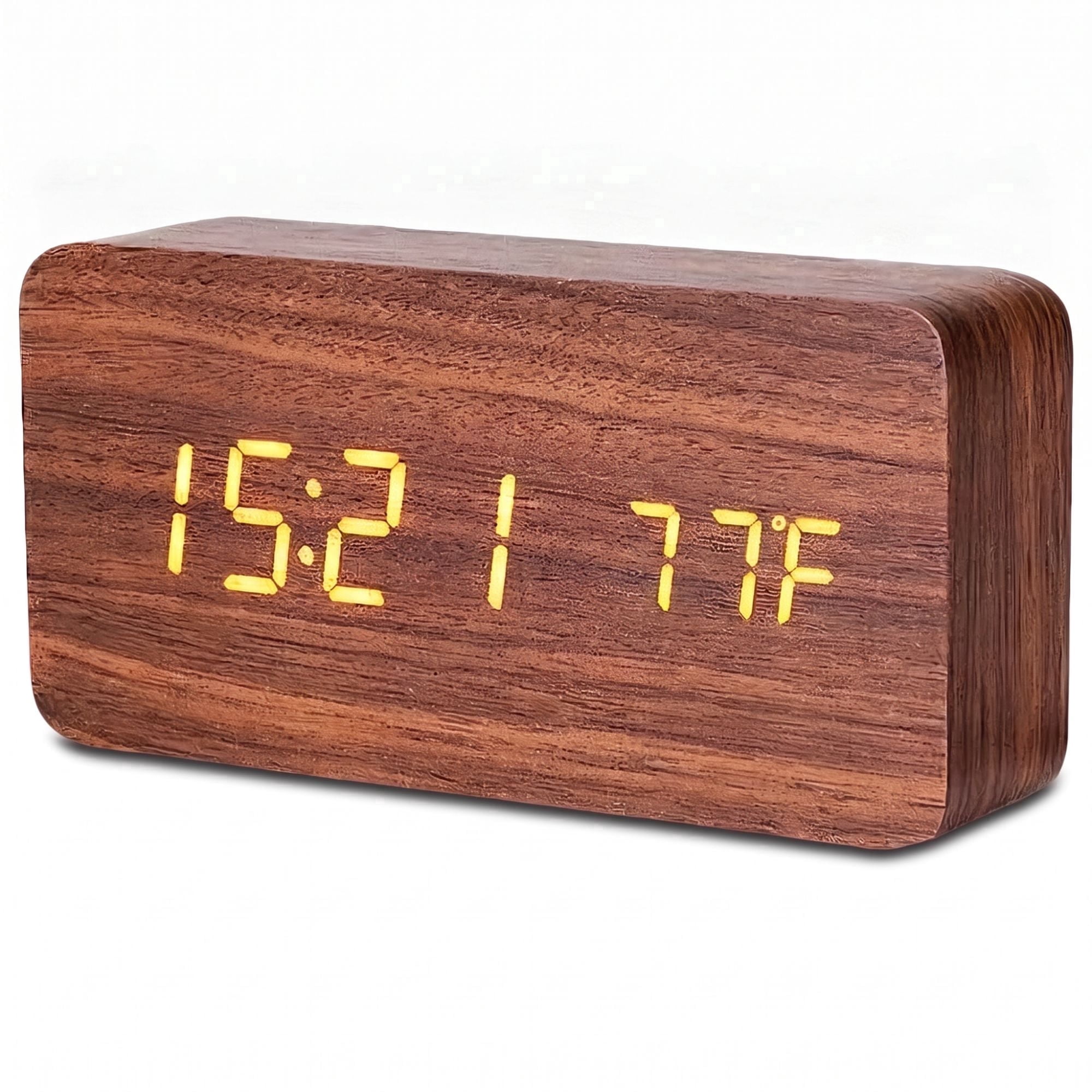 DAYBETTER Wooden Digital Alarm Clocks for Bedrooms, USB Port & Battery Powered, Loud Alarm Clock for Heavy Sleepers,Dimmer, 3 Alarms, Sound Control, Temperature, 12/24H, Brown