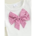 thumbnail image 6 of BemeyourBBs Toddler Baby Girl Summer Fall Spring Clothes Infant Baby Girls 2 Peice Outfit Shorts Set Cute Vintage Little Girls Short Sleeve Pearl 3D Bowknot T-Shirt Ruffle Shorts Beret Hat, 6 of 9