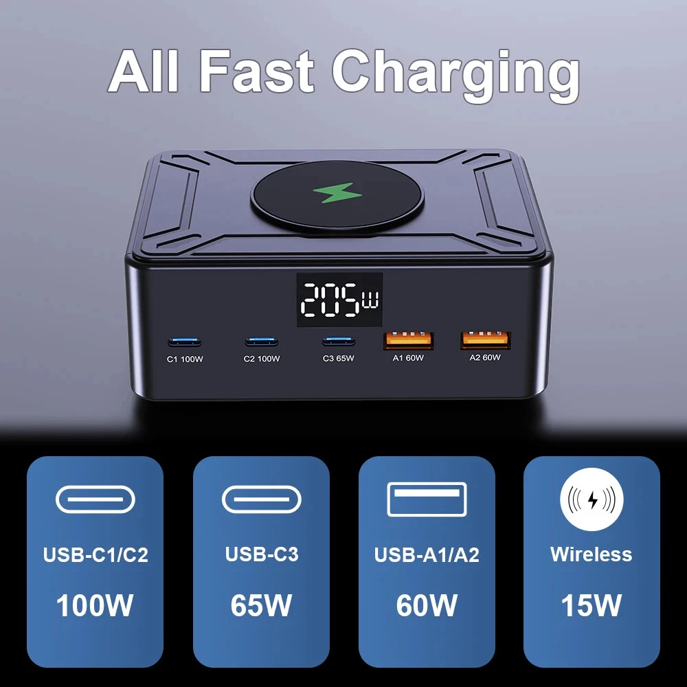 205W Desktop Charging Station: 5 Fast Charging USB Ports + 15W Wireless Pad, Smart LED Display, All-in-One Power Hub Compatible with iPhone, Android, Smartwatch, and More – Organize Your Desk, Black