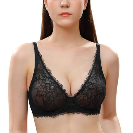 Wingslove Women s Sexy Sheer Lace Bra Underwire Unlined Plunge See Through Push Up Full Coverage Bra Black 38C