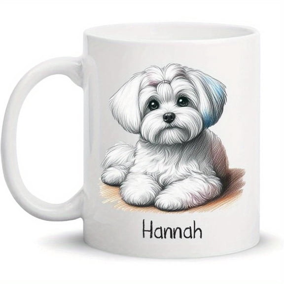 1pc Personalized Maltese Dog Ceramic Mug Dog Parents Custom Name Maltese Lover Coffee Cup with Crayon Art Style Design 11oz White Animal Travel Tumble