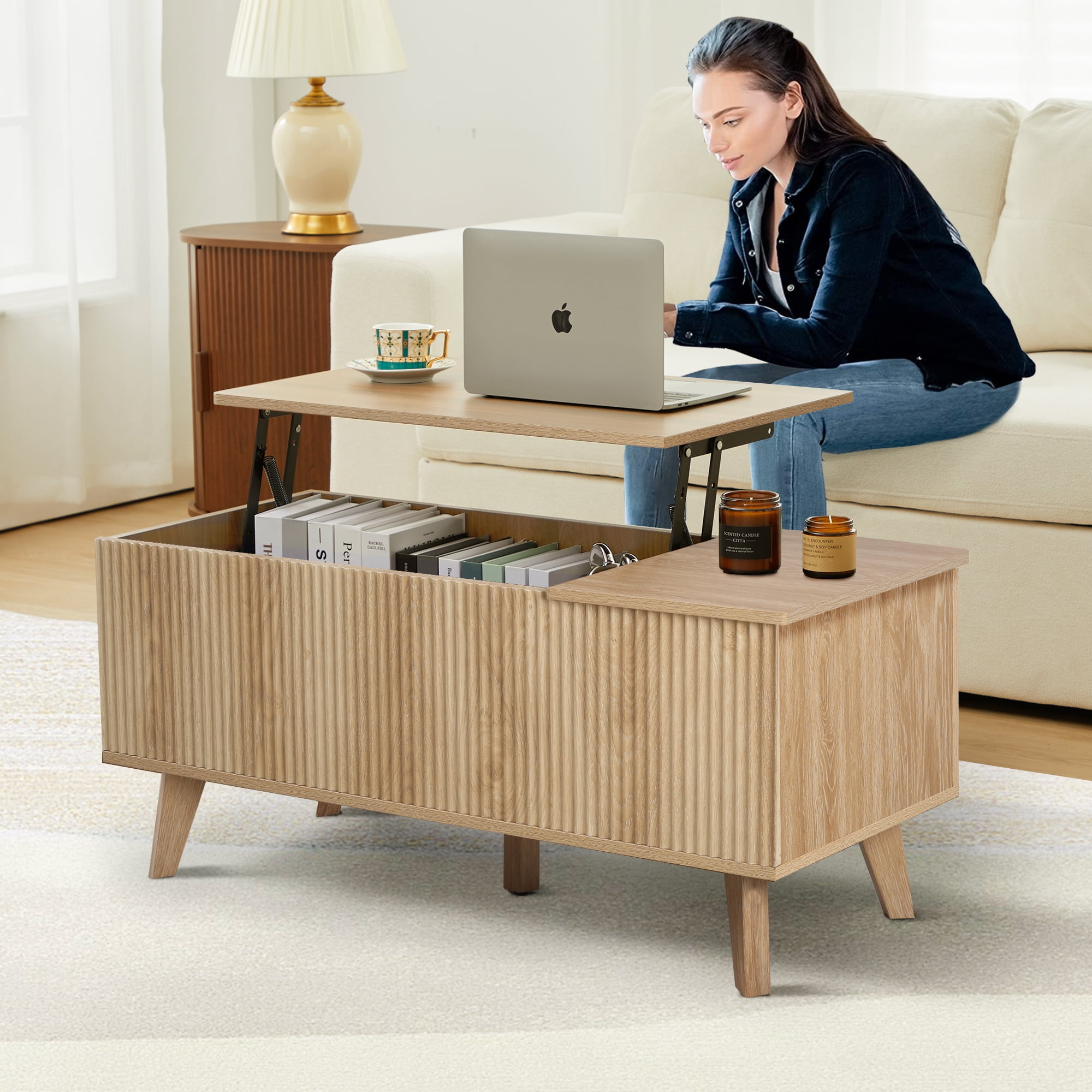 Wirrytor Modern Lift Top Coffee Table with Hidden Storage, Square Center Table with Adjustable Shelf for Living Room, Farmhouse Coffee Table with Large Compartment