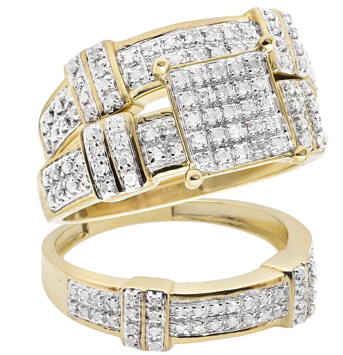 Ladies Mens 10k Yellow Gold Real Diamond Trio Engagement Wedding Ring 