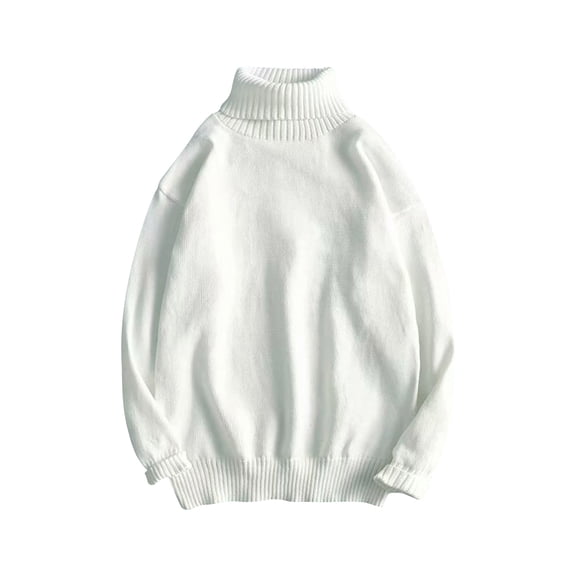 QTBIUQ Sweater Mens Winter Casual Fashion Solid Color Long Sleeved High Round Neck Sweater White