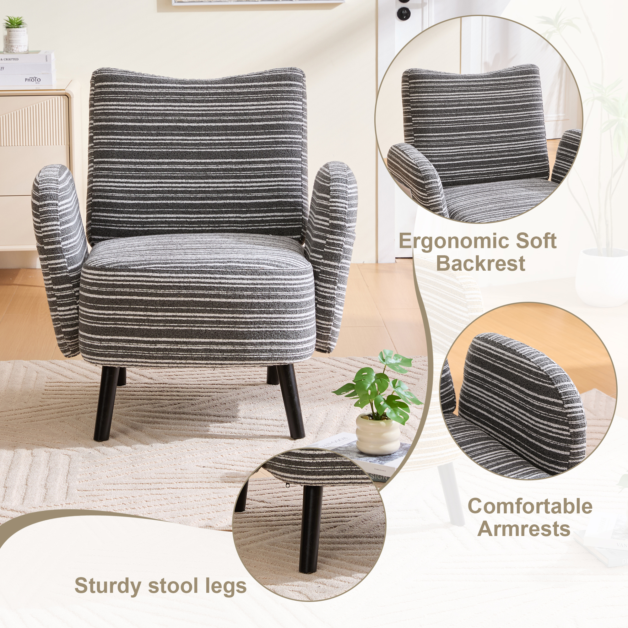 Leumius Armchair with Side Storage Pocket and Solid Wood Legs, Comfortable Reading Chair with Sanded Fabric for Living Room Bedroom Office Dark Gray