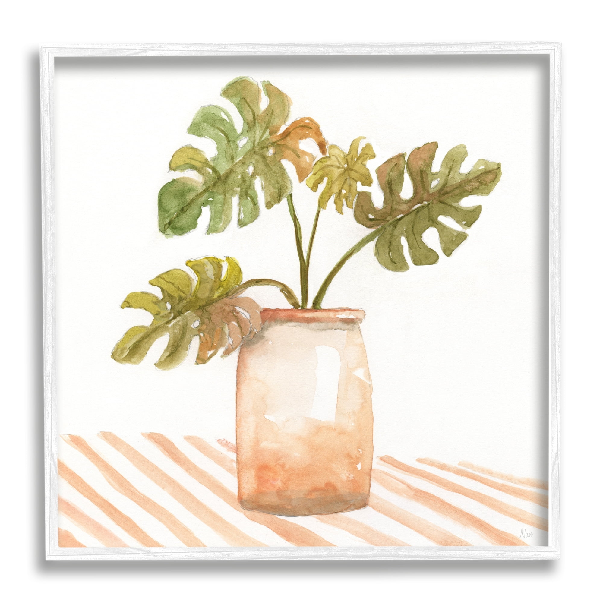 Stupell Industries Monstera Plant Ceramic Glazed Pot Striped Patterned Tabletop,12 x 12, Design by Nan