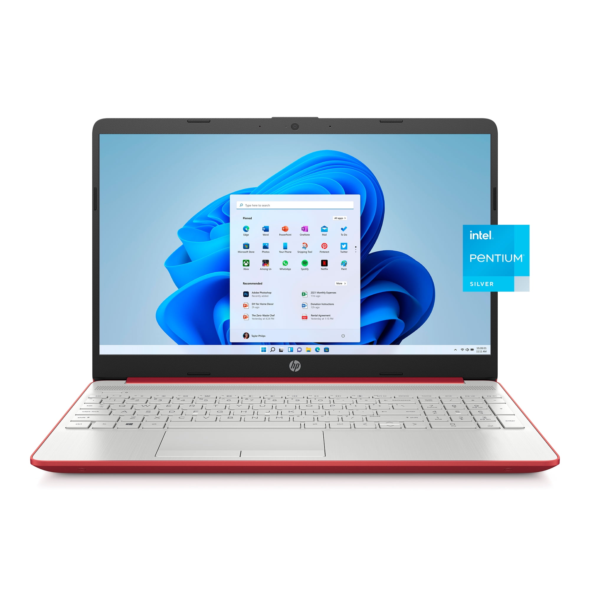 HP 15.6" Laptop, Intel Pentium Silver N5000, 4GB RAM, 128GB SSD, Windows 10 Home with Office , Scarlet Red, 15-dw0083wm