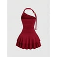 thumbnail image 2 of Burgundy Halter One-Shoulder Ruched Waist Tiered Mini Dress For Women Spring Summer, 2 of 6