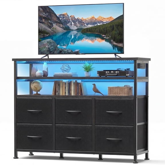 EDX 6-Drawer Fabric Dresser with Power Outlets and LED Light, TV stand for Bedroom, Living Room, Hallway, Black
