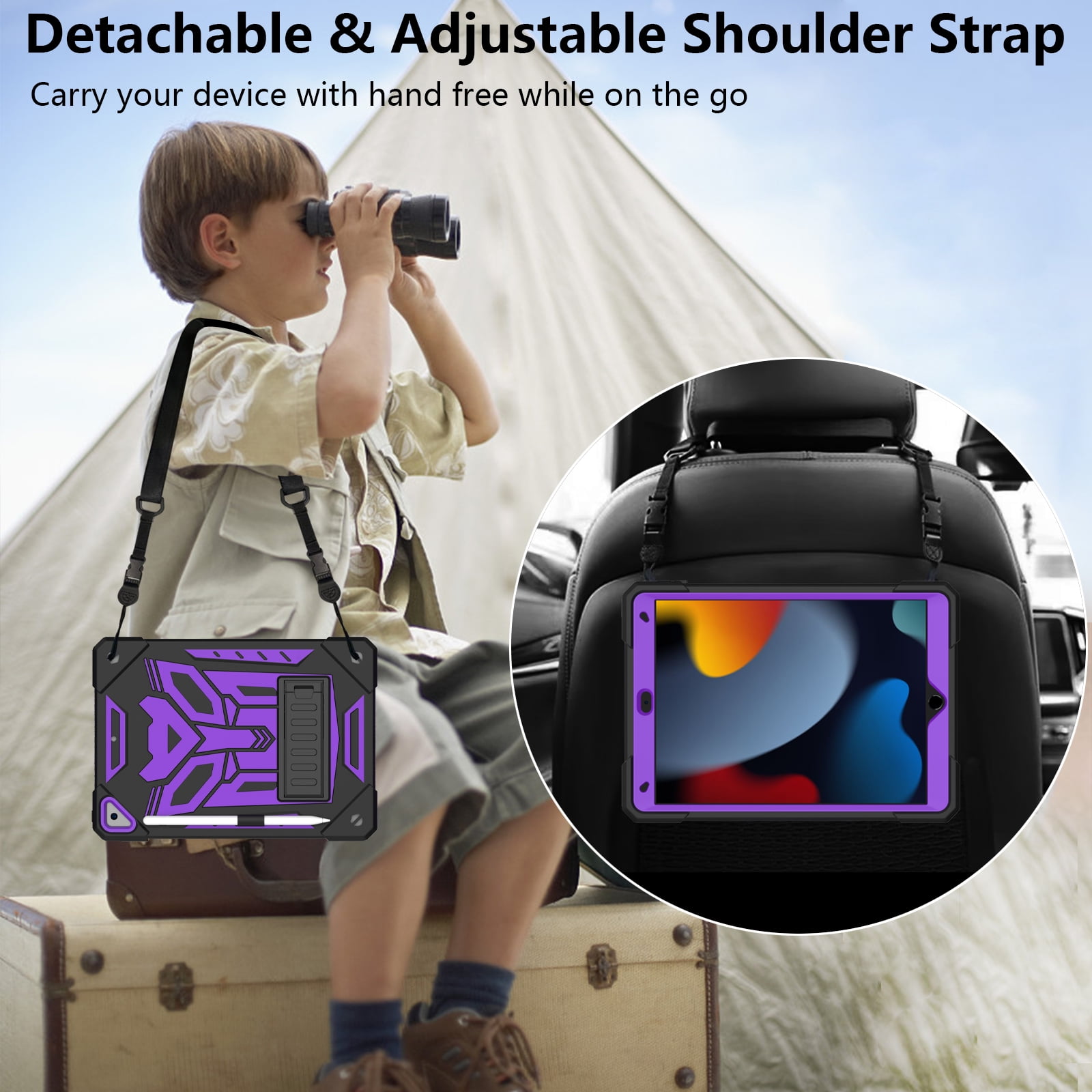ELEHOLD Hybrid Rugged Case for iPad 9th/8th/7th Gen 10.2 2021/2020/2019, Heavy Duty Shockproof Case with Hidden Foldable Kickstand Adjustable Crossbody Shoulder Strap Pencil Holder,Black+Purple