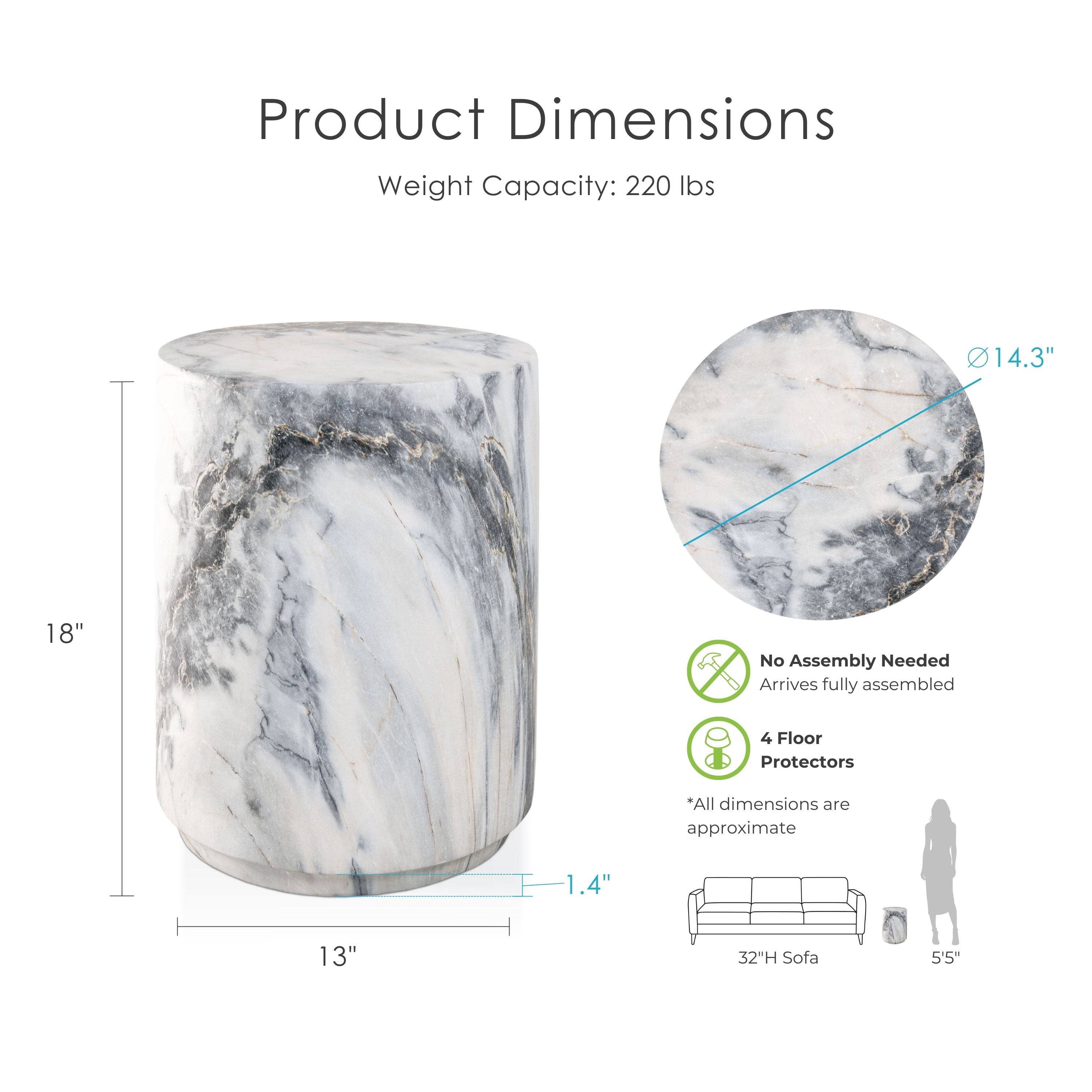 Furniture of America Isla Modern Stone Indoor & Covered Patio Round Drum End Table, Blue Gray Marble