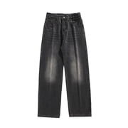 Men's Jeans White Pleated Splicing Jeans Men's Port Loose Straight Leg Casual All Tie Rope Pants Jeans Homme Black M