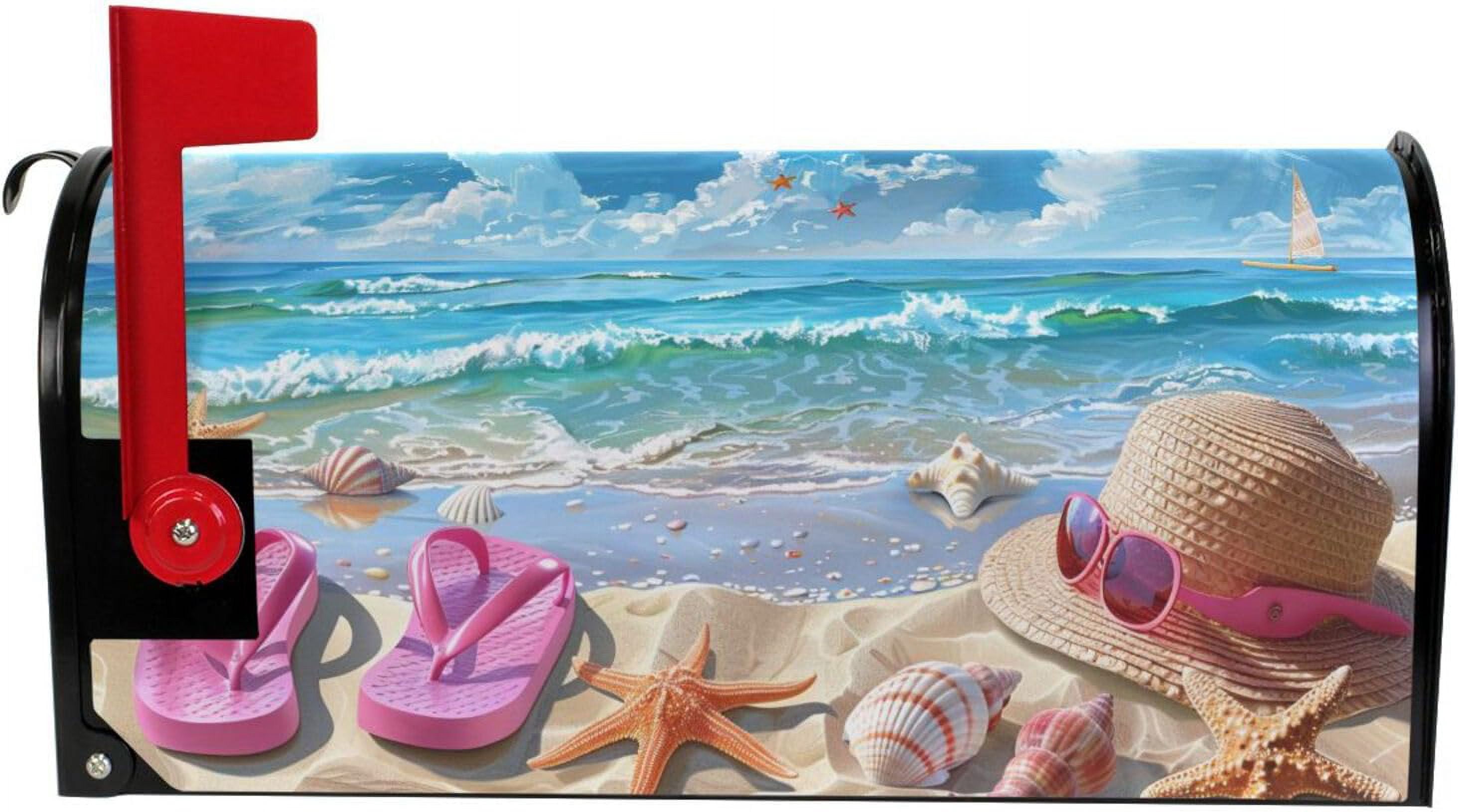Beach Landscape Flip Flops Seashell Starfish Magnetic Mailbox Cover Summer MailWraps Garden Yard Home Decor for Outside Oversized-25.5" x20.8"\u2026