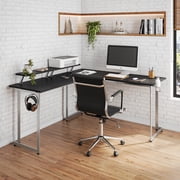 Techni Sport Warrior L-Shaped Gaming Desk with Headphone Holder and Shelving, Black
