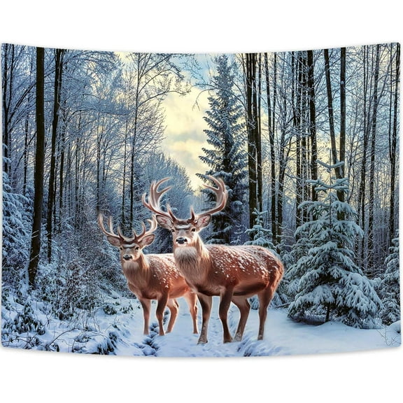 Winter Tapestry Wall Hanging Deer in Snowy Forest Trees Nature Wall Blankets for Bedroom Living Room Dorm Christmas Decor, 60X40IN