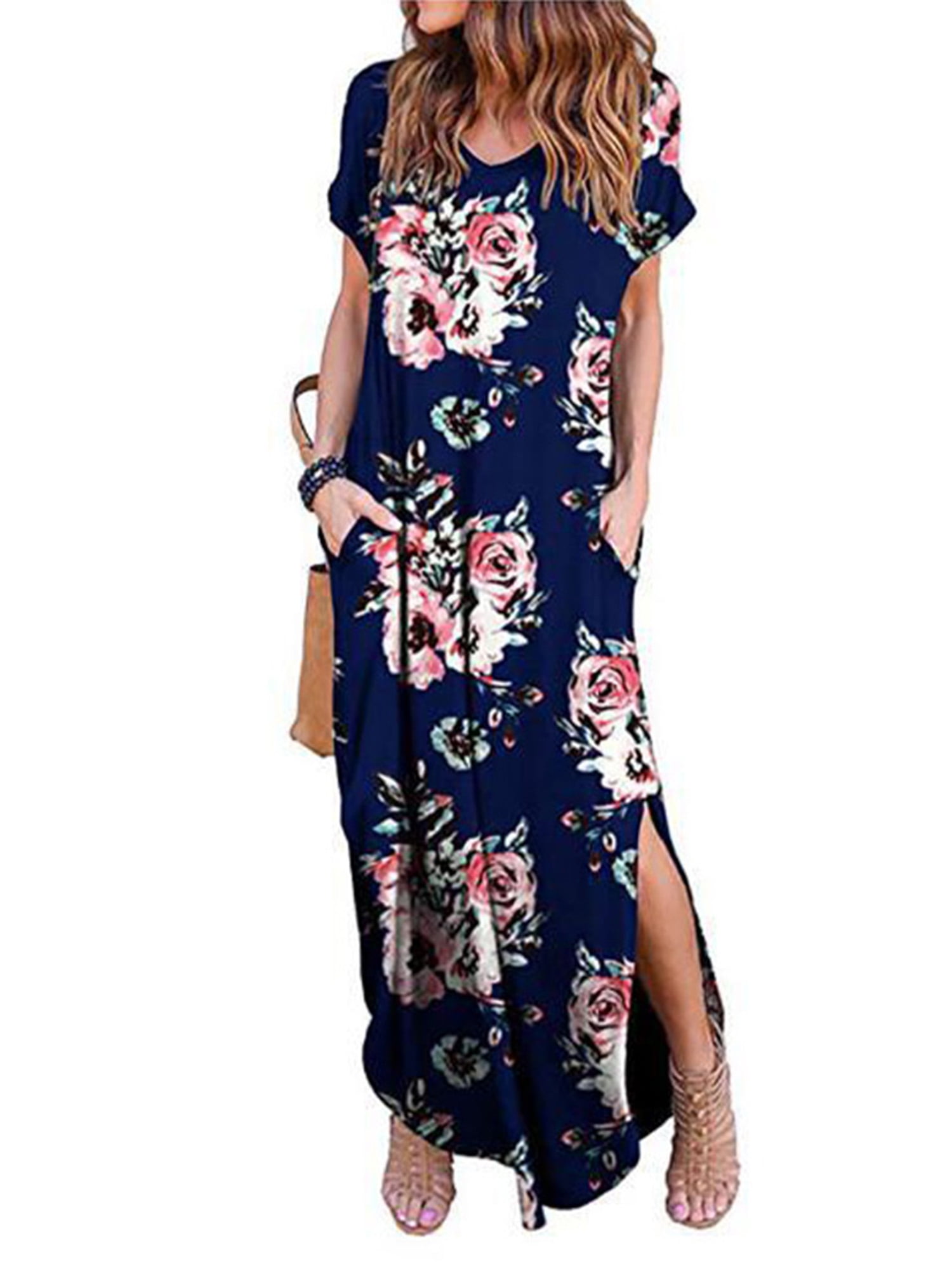 Women Floral Print Baggy Holiday Party Maxi Dress Loose Long Sleeveless Dresses