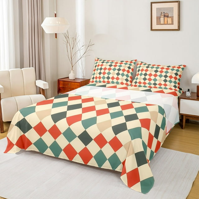 Manfei Draps à Carreaux Géométriques Buffalo 4 Pcs, Draps Très Grand à Carreaux Colorés, Ensemble de Draps Minimaliste Rouge Beige Sarcelle, Décor Maison Ultra Doux