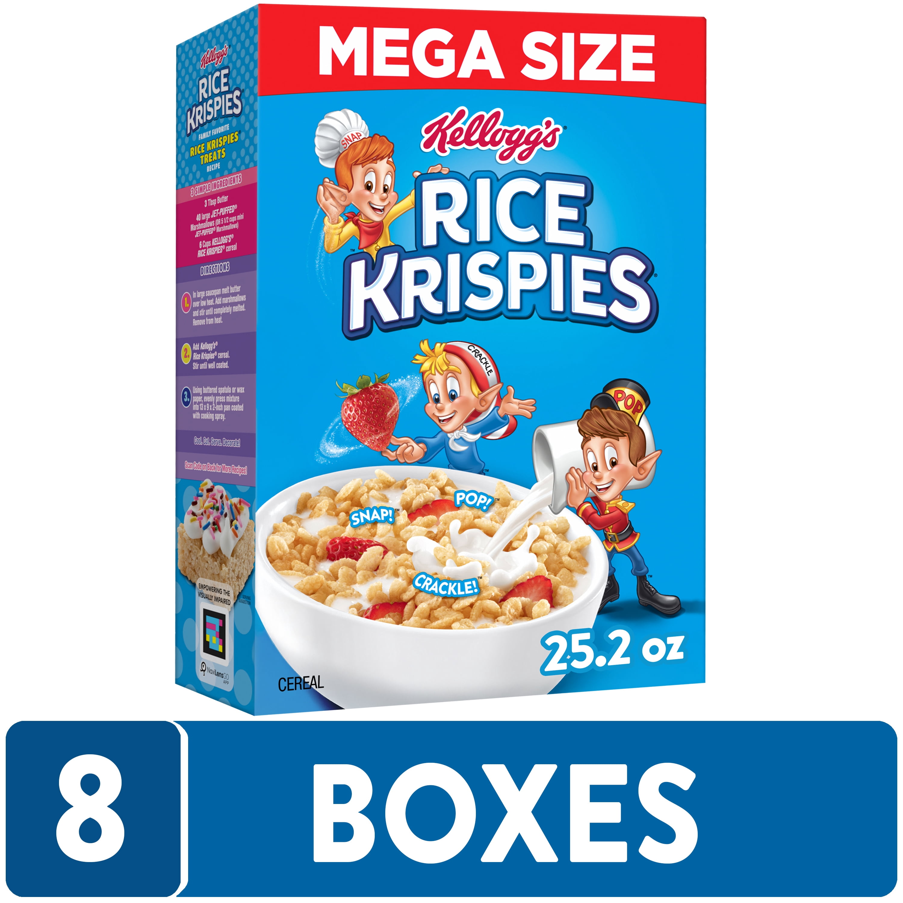 (8 pack) Kellogg's Rice Krispies Original Cold Breakfast Cereal, Mega Size, 25.2 oz Box