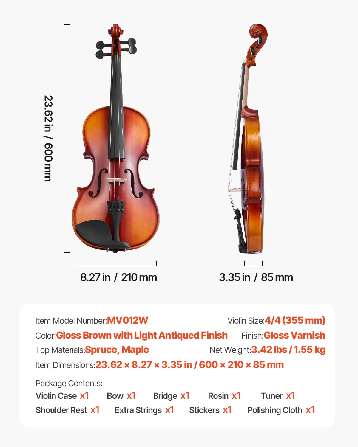 VEVOR Violin 4/4 Full Size for Adults, Violin Fiddle Set for Beginners Student with Hard Case,Rosin, Bow,Shoulder Rest,Bridge,Extra Strings,Professional Solidwood Instrument (Glossy Brown)