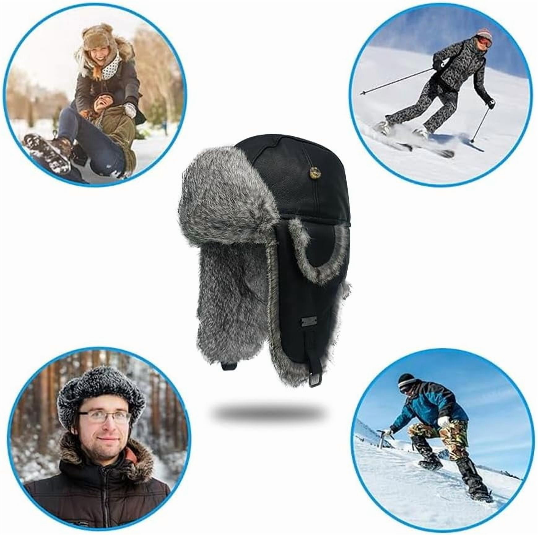 Winter Trapper Hat,Faux Rabbit Fur Knit Sheepskin Russian Trooper Aviator Hats Hunting Ski Ushanka Hat with Ear Flaps