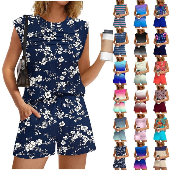Frostluinai 2 Piece Sets for Women Summer Lounge Sets Cap Sleeve Floral Sweatsuit Crewneck Pleated Tops and Drawstring Shorts Outfits Tracksuit