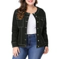thumbnail image 1 of GRACE & GRANDEUR Juniors Plus Size Outfits Jean Long Sleeves Collarless Denim Jacket, 1 of 6