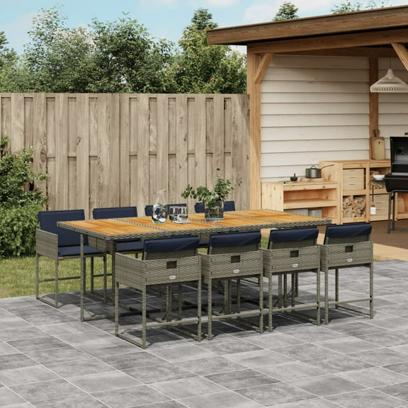 vidaXL 9 Piece Patio Dining Set with Cushions Gray Poly Rattan