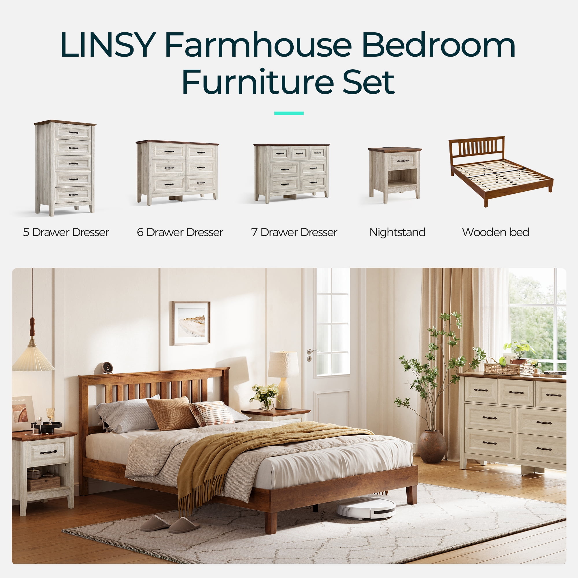 Linsy Home Solid Wood Full Size Bed Frame with Headboard, No Box Spring Needed, Walnut
