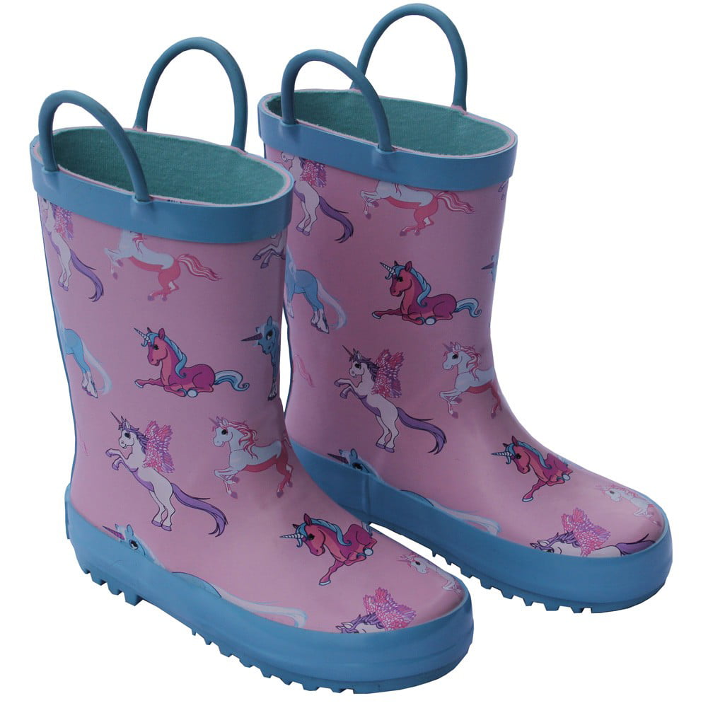 Foxfire - Foxfire Girls Pink Unicorn Print Pull On Handle Rubber Rain Boots
