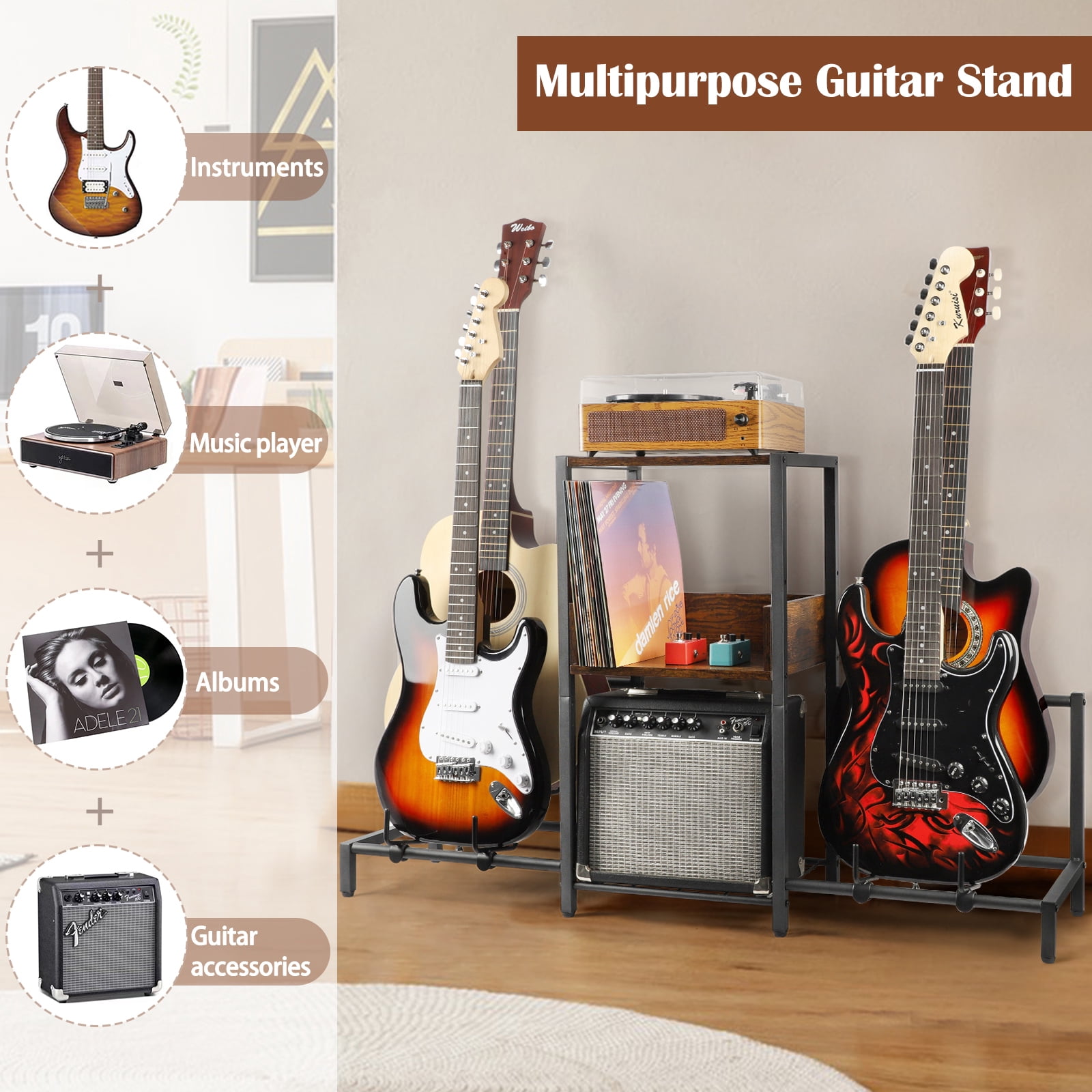 Olakee Adjustable 4-Tier Guitar Stand for Acoustic Electric Bass, with Wood Shelf for Amp Accessories Vinyl Records, Home Studio Rack (Patent)