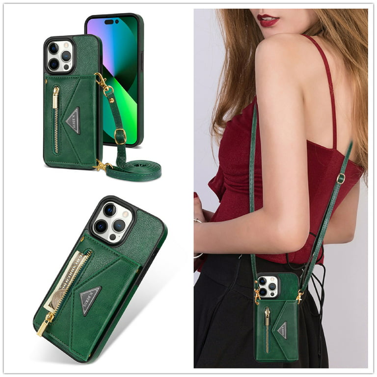 Dteck Crossbody Wallet Case for iPhone 14 Pro Max,Card Holder Phone Case  with Magnetic Closure PU Leather Zipper Lanyard Strap Purse Kickstand Flip