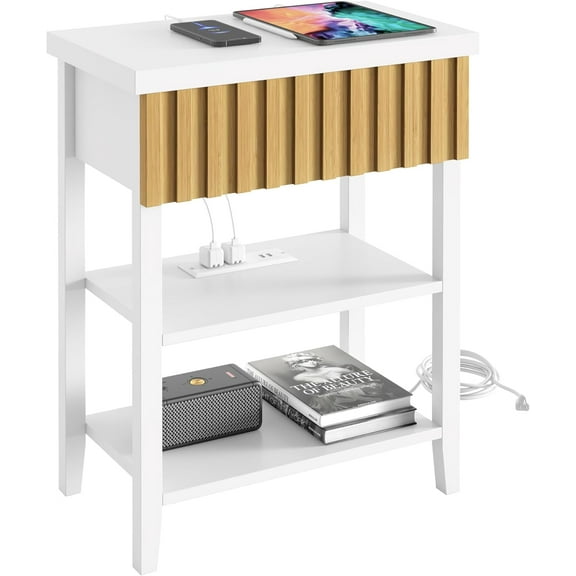 Narrow End Table with Charging Station, Fluted Side Table with Drawer for Small Space, Modern Nightstand with Storage Shelves for Living Room Bedroom, White