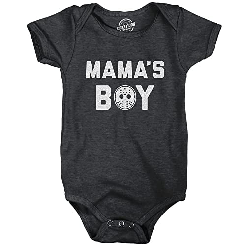 Mama s Boy Baby Bodysuit Funny Movie Hockey Graphic Jumper Heather Black - 6 Months