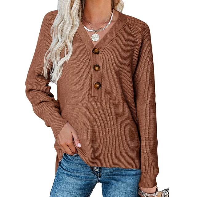 FOCUSNORM Pull Décontracté pour Femmes, Couleur Unie Manches Longues Col en V Tricoté