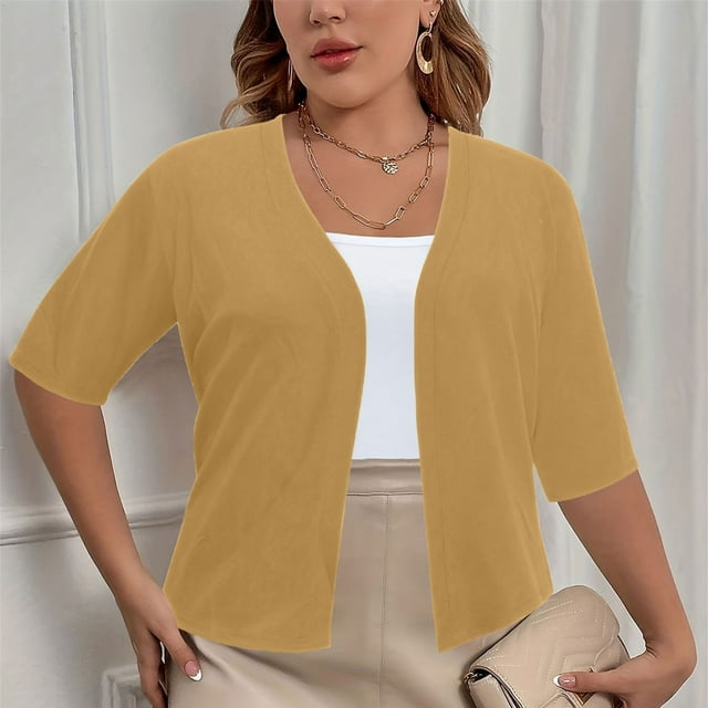 CFLVAEK Fall Cardigan Sweaters for Plus Size Women Casual Short Sleeve Open Front Shrugs Soft Solid Color Cropped Boleros Lightweight Cardigans Cover Ups Khaki XXL