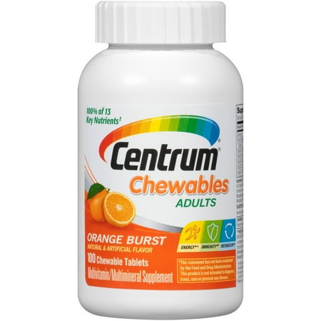 Centrum Chewable Multivitamin for Adults, Multivitamin/Multimineral Supplement With Vitamin C, D3, E and Antioxidants, Orange Burst Flavor - 100 Count