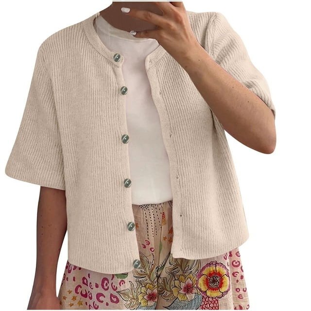 WRKEKC Cardigan Sweaters for Women Solid Color Crew Neck Button Half Sleeve Casual Open Front Knitted Sweater Top for Women Fall Winter Trendy Outfits