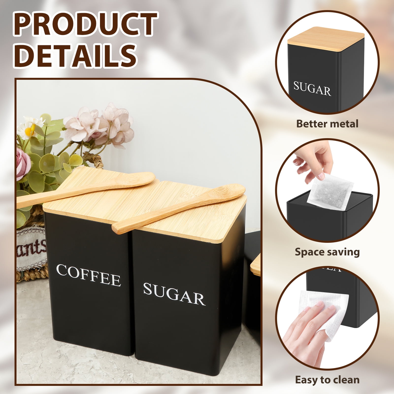 Tcwhniev 3 Pcs Coffee Tea Sugar Container Set with Bamboo Lid Metal Tea Coffee Sugar Canister Set for Kitchen Airtight Coffee Tea Sugar Food Storage Container