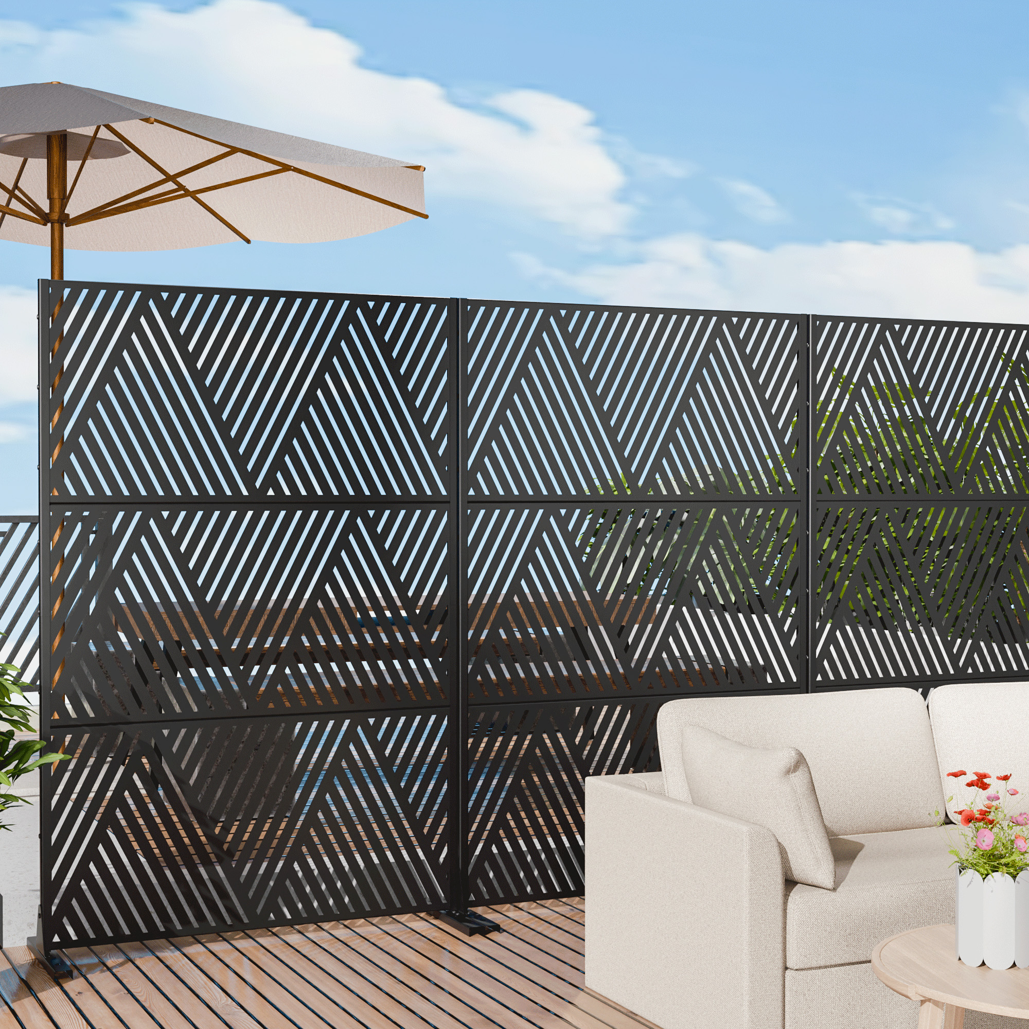 MAYEERTY 72×47" Outdoor Black Metal Privacy Panel Screen for Backyard & Garden, Triangular V-Shaped Pattern