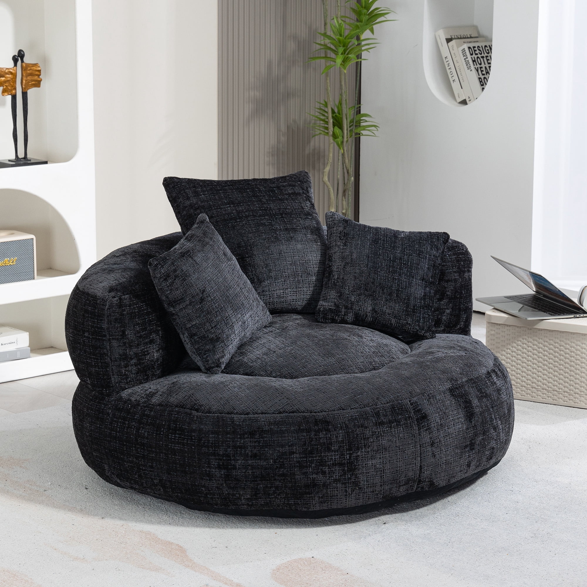 42.5''W Chenille Bean Bag Chairs, Chenille Soft Lazy Sofa Chair, Bean Bag Chair For Adults & Kids To Gaming,Reading,And Watching TV,Living Room, Bedroom,Office Room(Black)